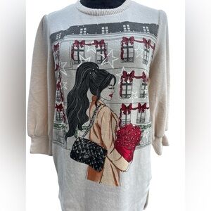 NWT Love & Lace Parisian Chic Graphic Tunic Sweater Puff Sleeve Embellished Sm‎